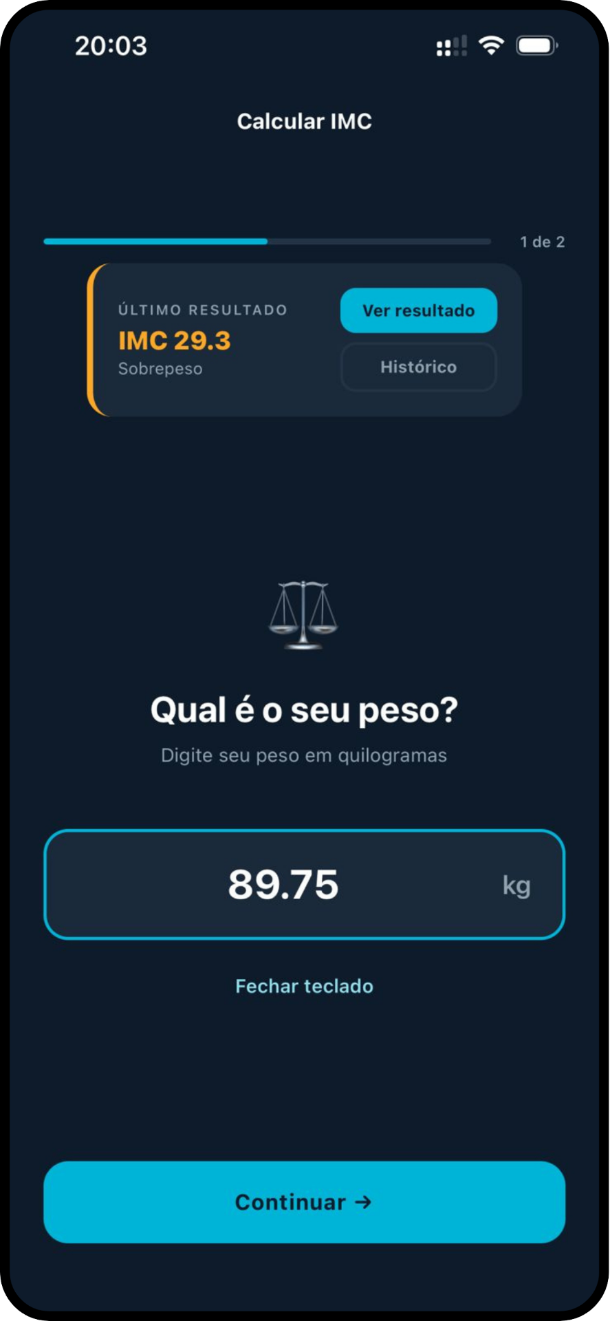 Tela para calcular IMC com peso e altura