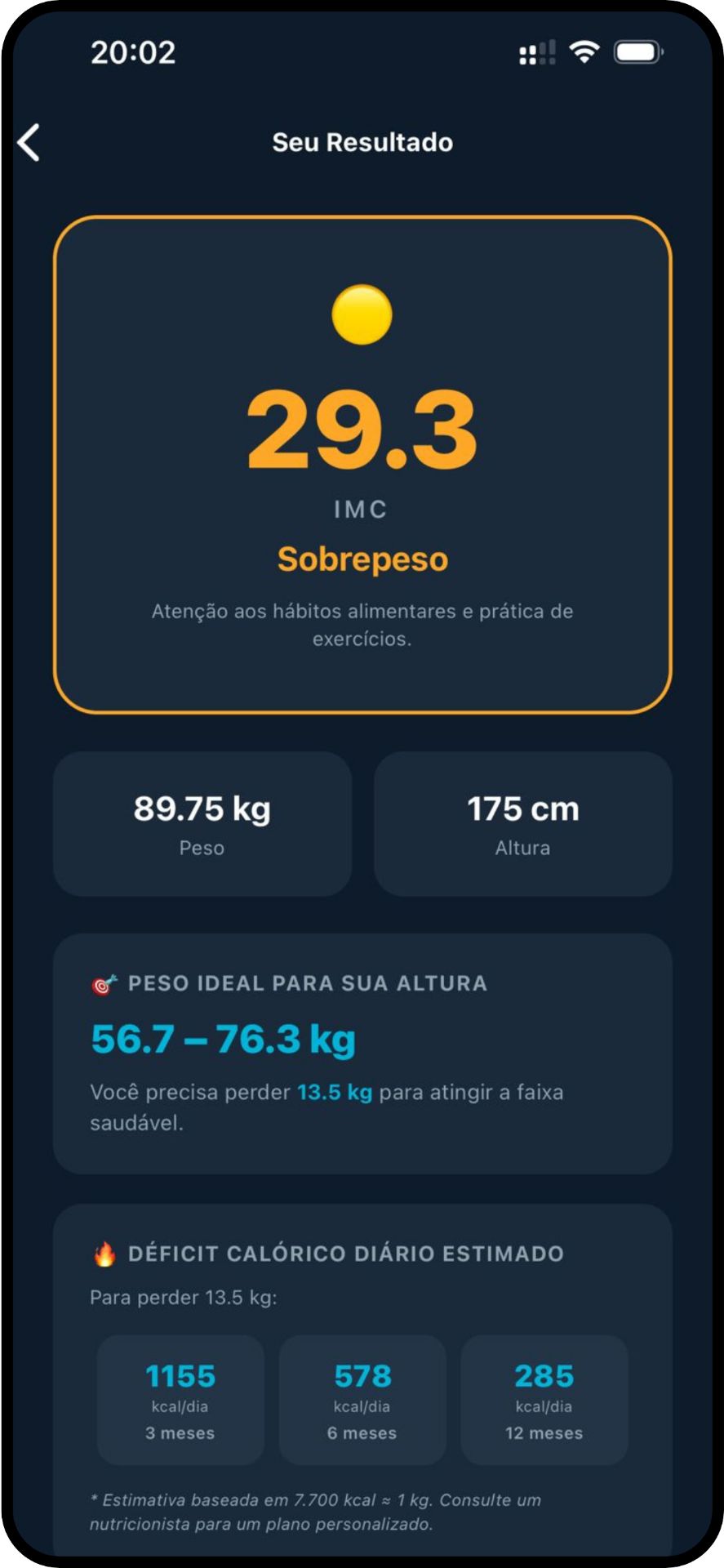 Tela de resultado do app Calculadora de IMC