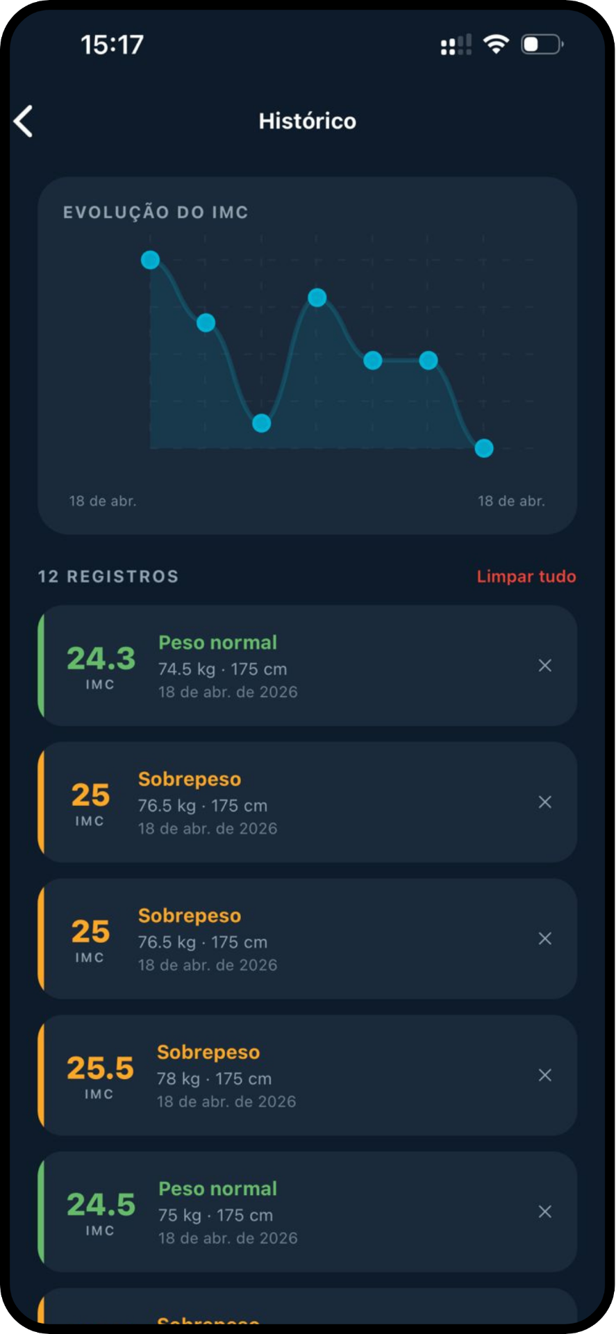 Histórico de IMC no app Calculadora de IMC