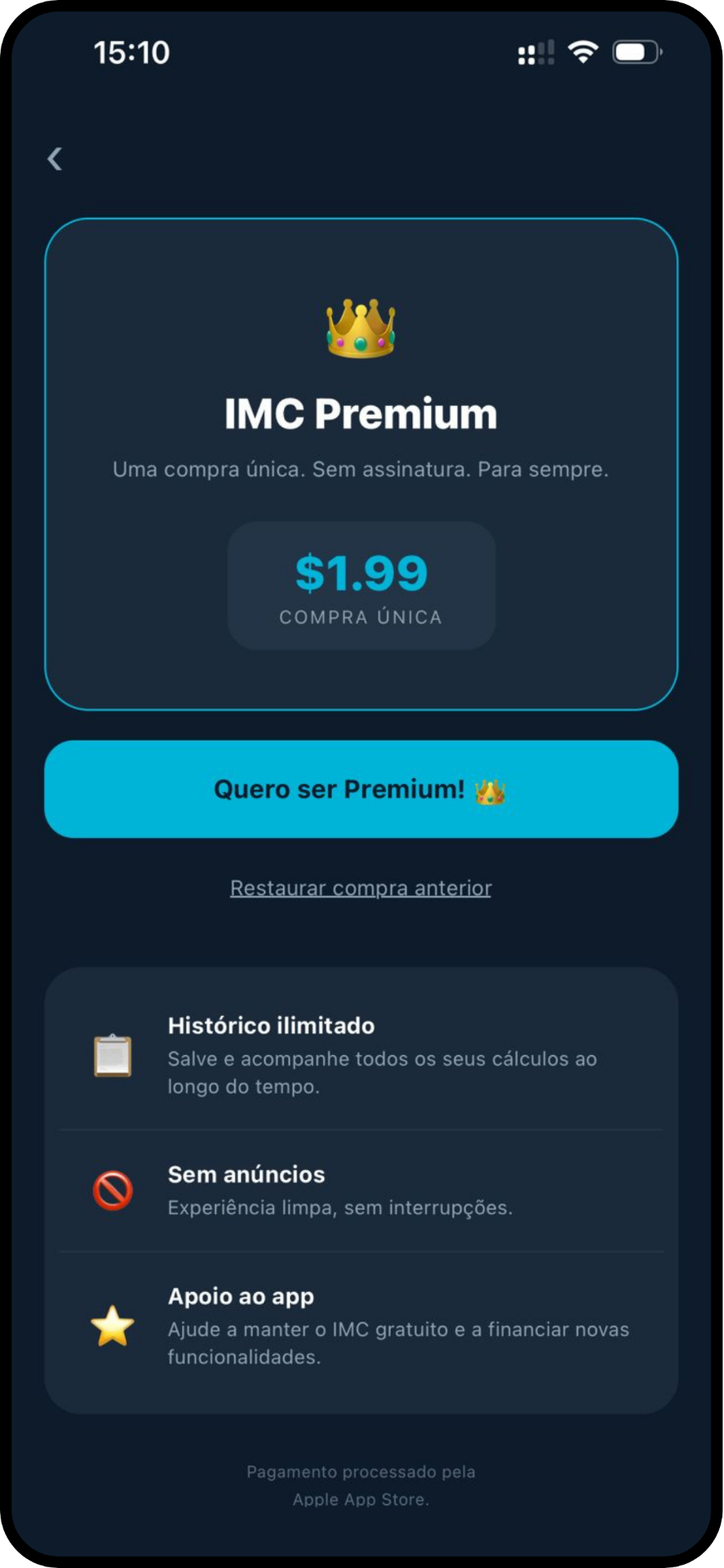 Tela Premium do app Calculadora de IMC